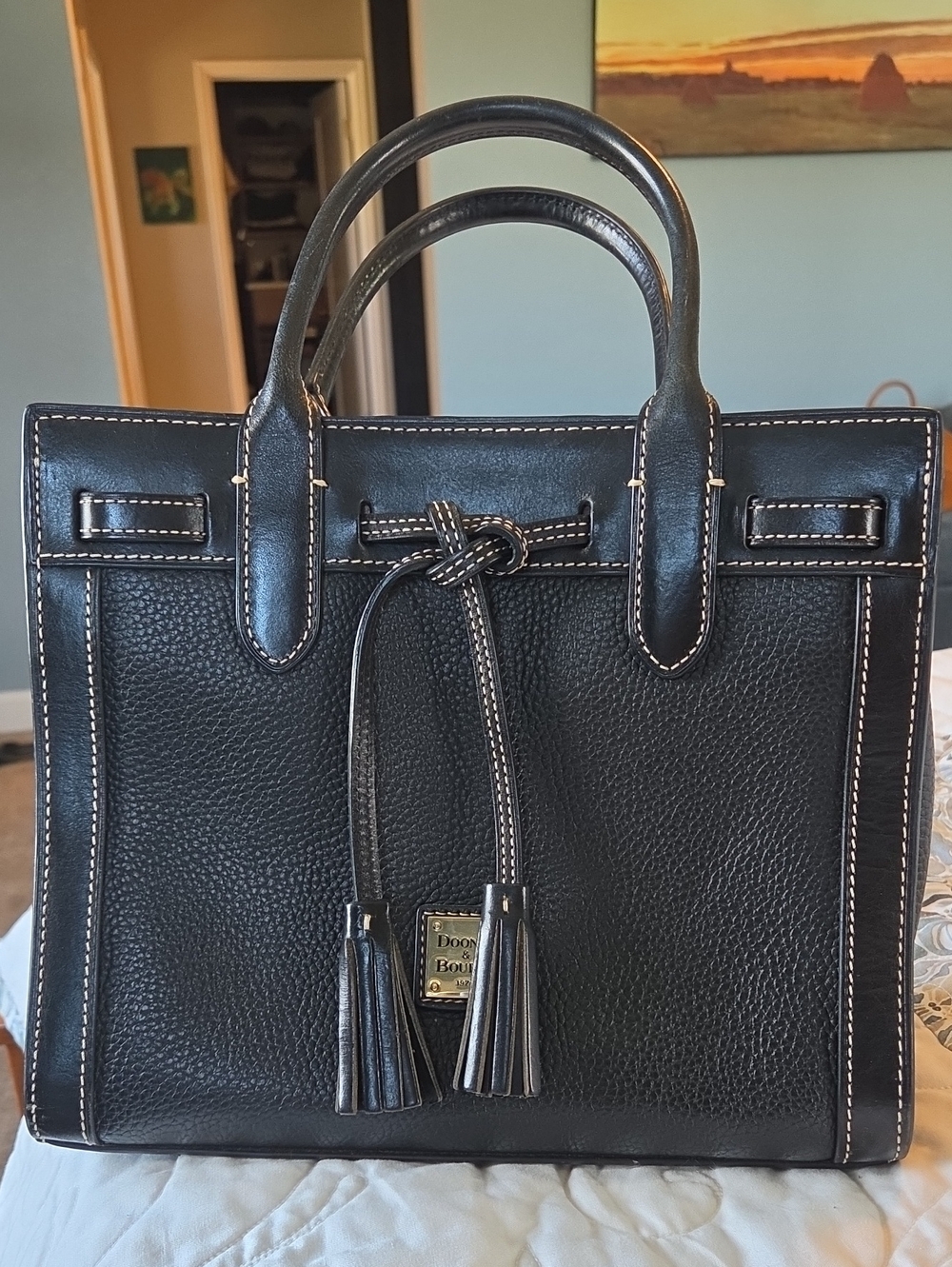 Dooney & Bourke Black Pebbled Leather Tassel Satchel with Contrast Stitching